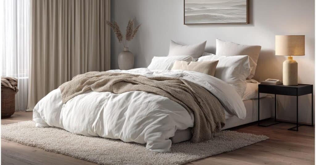 Modern bedroom with crisp neutral bedding, textured pillows, taupe throw blanket, sleek nightstand, and warm bedside lighting.
