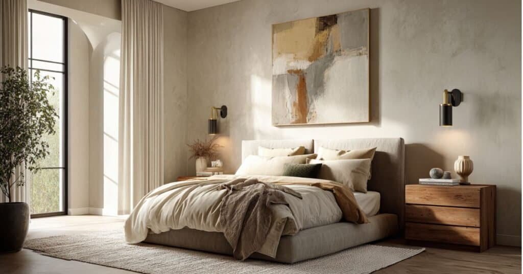 Modern bedroom with warm neutral colors, walnut nightstands, matte black sconces, brass accents, textured rug, and deep olive pillow.