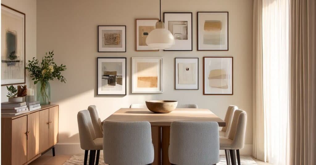 Modern dining room with clean gallery wall, slim frames, warm neutral palette, and polished sideboard styling