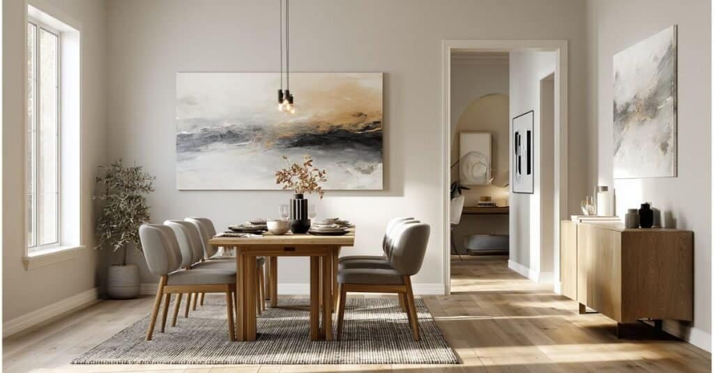 Modern dining room with correctly scaled wall art, clean spacing, warm lighting, and simple table decor