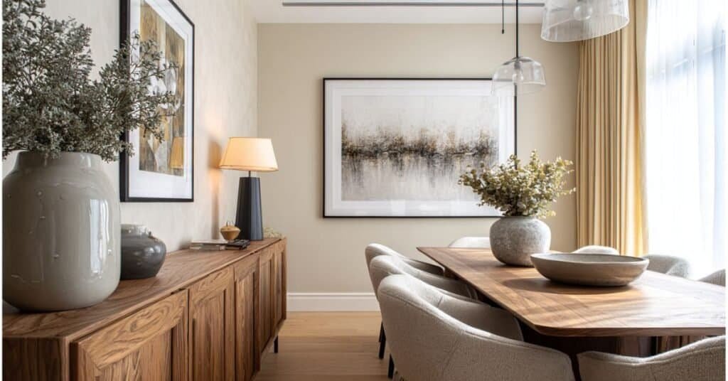 Modern dining room with large horizontal wall art above sideboard, simple table centerpiece, and warm neutral styling