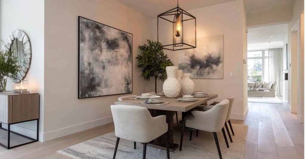 Modern dining room with oversized abstract canvas above a sideboard, warm neutral palette, and sculptural table centerpiece