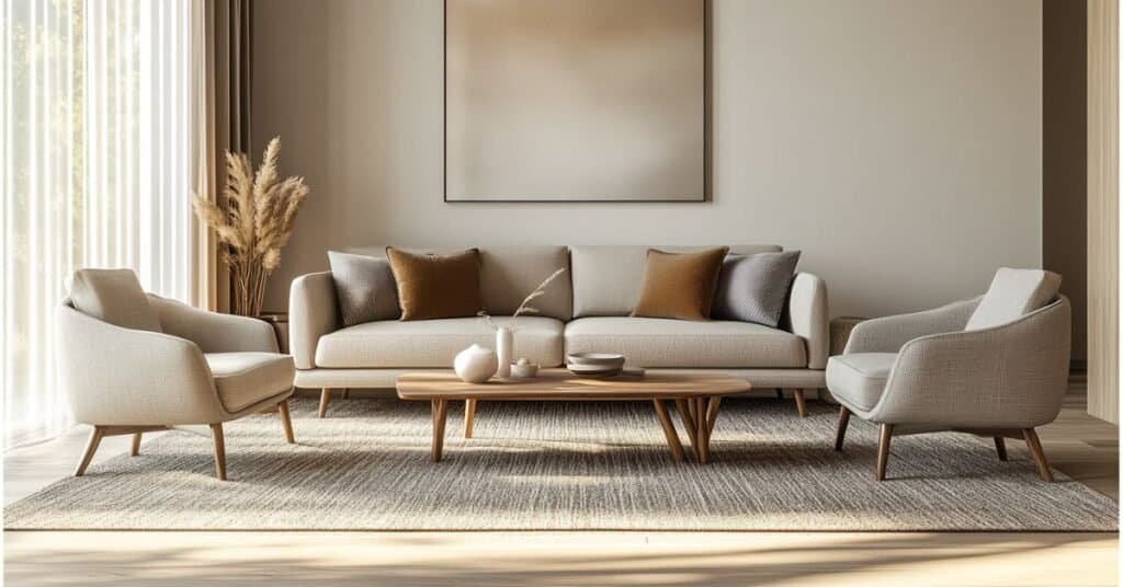 Modern living room rug size with sofa, chairs, and coffee table placed on a neutral area rug.