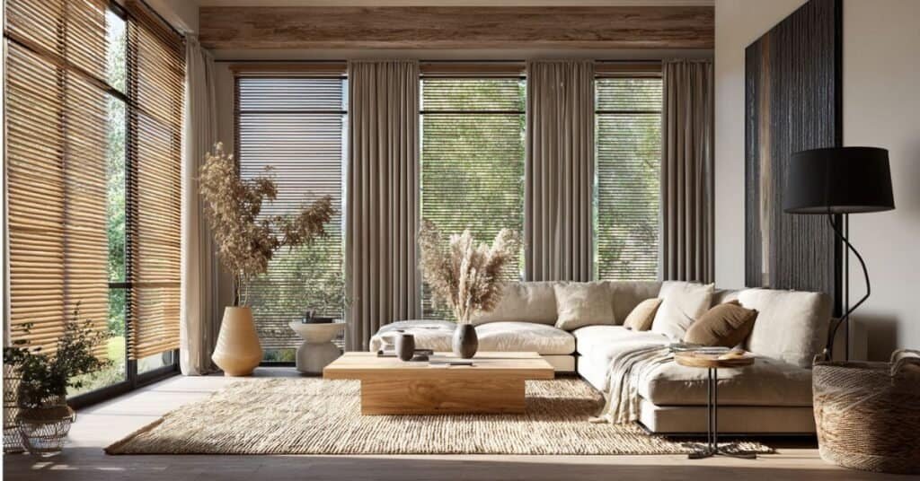 Modern living room window alternatives with Roman shades, blinds, sofa, and soft natural light.