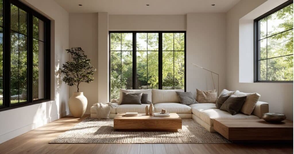 Modern living room windows without curtains styled with a sofa, rug, plant, and warm lighting.