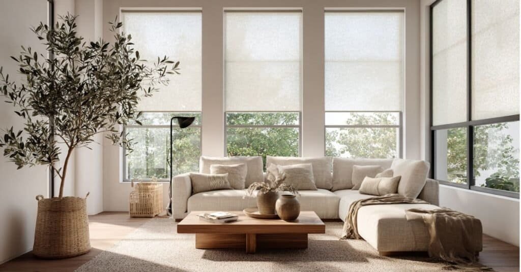 Modern living room windows without curtains using frosted window film, plants, and soft daylight for privacy.