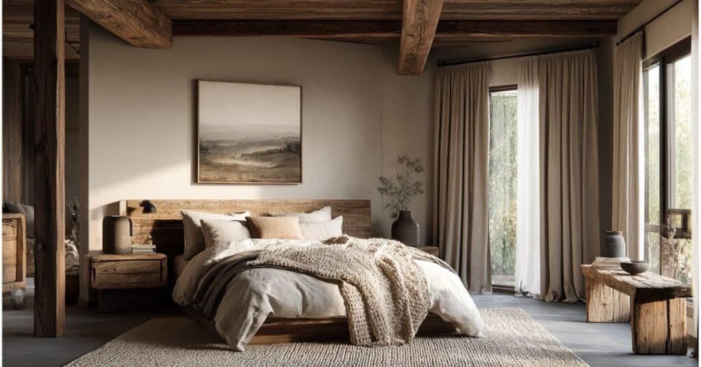 Modern luxe bedroom with tall upholstered headboard, brass sconces, neutral bedding, oversized wall art, and soft cream curtains.