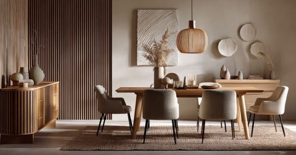 Modern organic dining room with textured wall art, wood slat panels, sculptural decor, and warm soft lighting