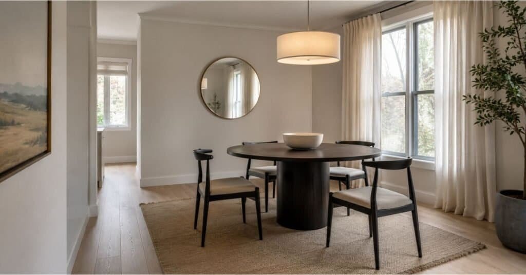 Modern small dining room with round pedestal table, slim chairs, light walls, and open walking space