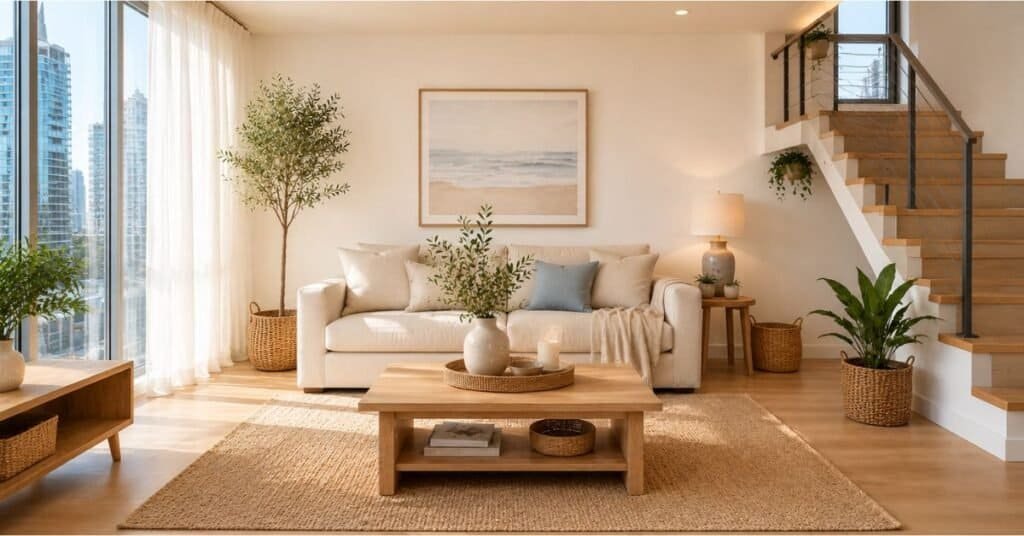 Neutral summer living room with pale wood accents and airy soft textures.