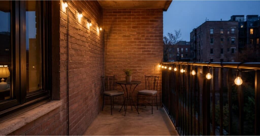 Plug in balcony lights with warm outdoor string lights, neat cord placement, and a small industrial modern seating area.
