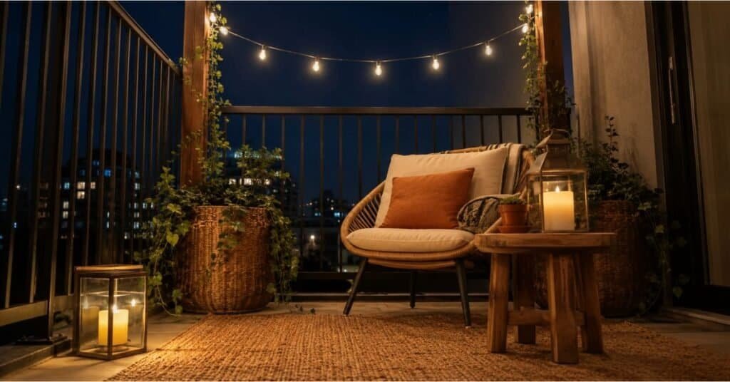 Renter friendly balcony lighting with no drill string lights held by weighted planters, warm lanterns, and a cozy outdoor chair.