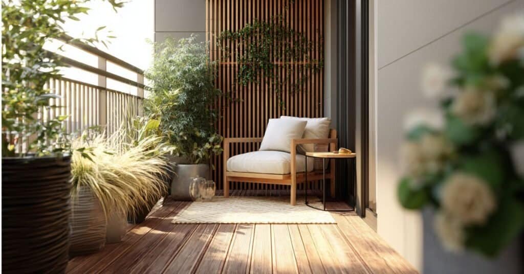 Renter friendly balcony with portable privacy plants and moveable screen.