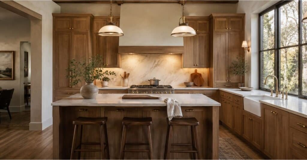 Rustic transitional kitchen with uncluttered countertops, warm wood cabinets, ceramic decor, and soft layered lighting