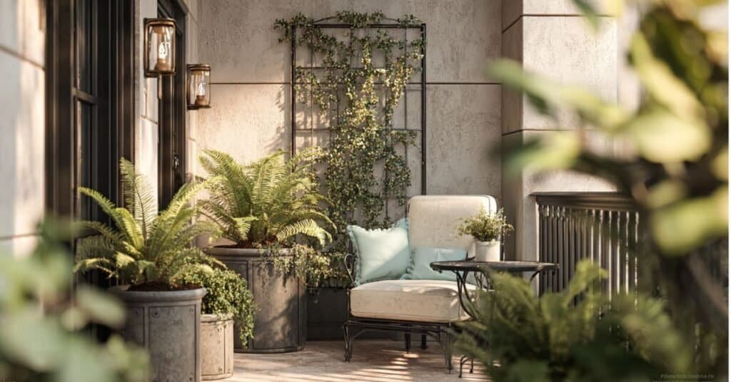 Shaded balcony with boxwood, ferns, and trellis plants for privacy.