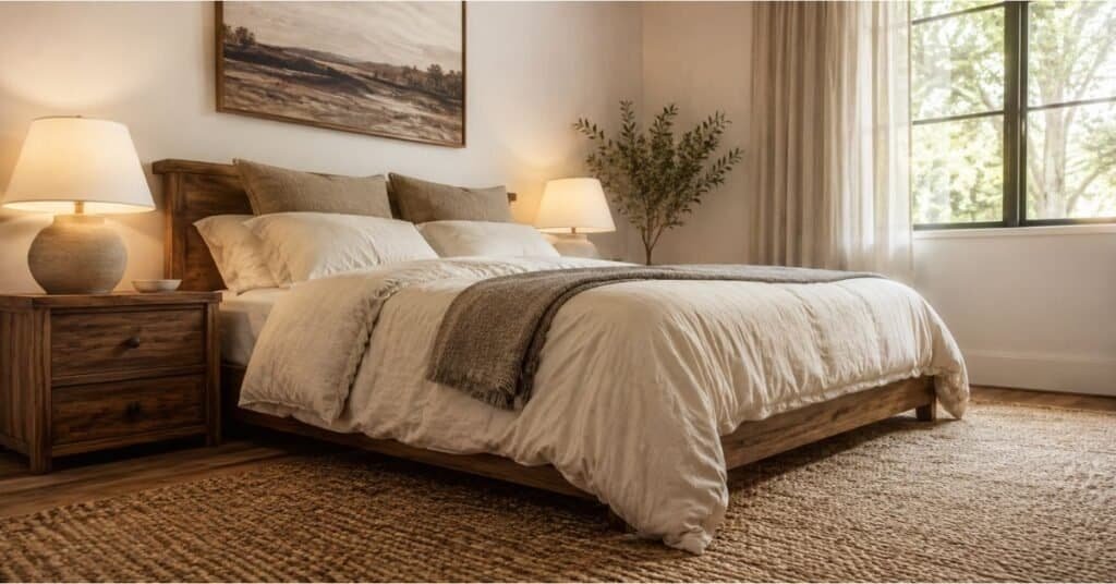 Simple living aesthetic bedroom with calm bedding, warm wood nightstand, folded throw, and soft neutral textures.