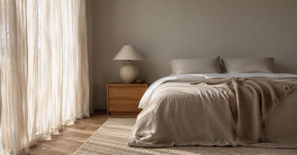 Simple living aesthetic bedroom with soft linen bedding, light curtains, warm wood accents, and a calm neutral palette.