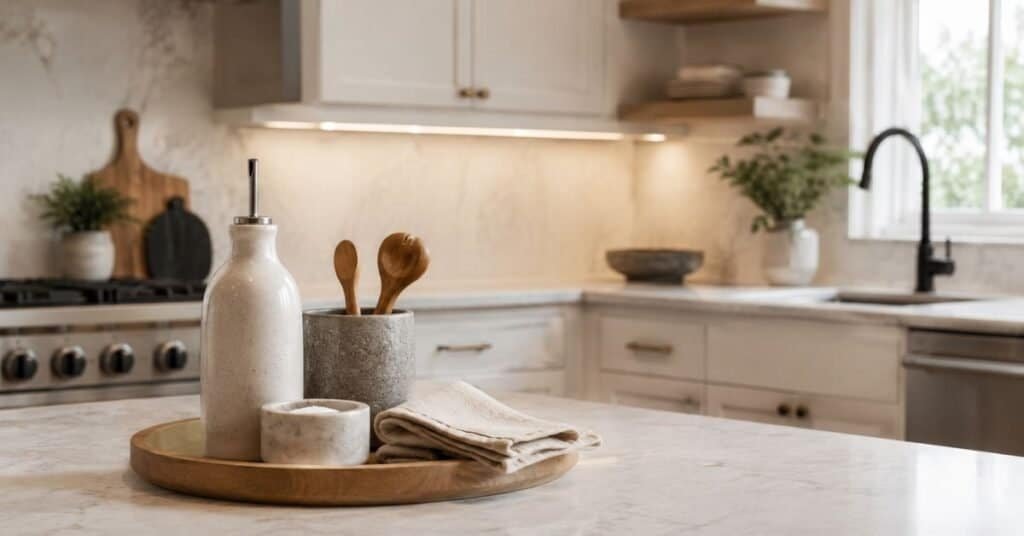 Simple living aesthetic kitchen with a clear countertop, one daily use tray, warm cabinets, and soft neutral decor