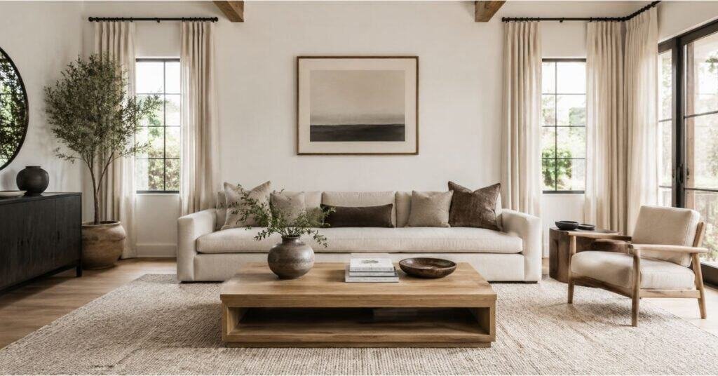 Simple living aesthetic living room with clean surfaces, neutral colors, soft curtains, and a light wood coffee table.