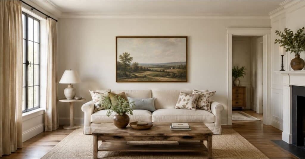 Simple living aesthetic living room with one large wall art piece, neutral sofa, warm wood frame, and calm wall spacing.