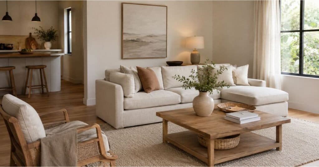 Simple living aesthetic open living room with clean surfaces, soft neutral decor, warm wood accents, and woven storage.