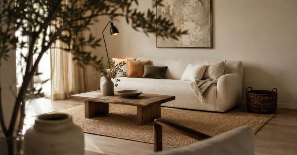 Simple living room aesthetic with warm lighting, cream sofa, wood coffee table, woven basket, and soft neutral textures.