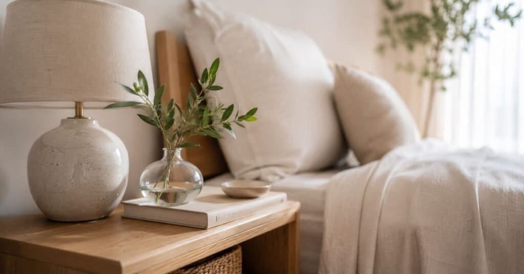 Simple summer nightstand styling with soft neutral decor and natural textures.