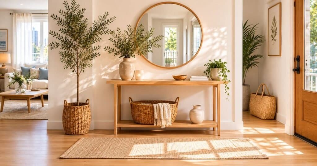 Small apartment entryway with airy summer decor and woven natural textures