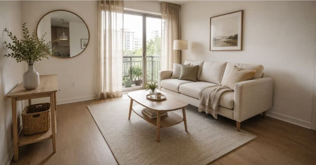 Small apartment living room with clear pathways, slim furniture, mirror, light rug, and uncluttered surfaces.