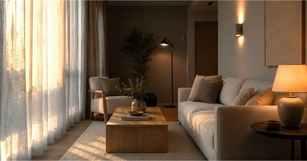 Small apartment living room with layered lighting, warm lamps, clear pathways, linen curtains, and soft evening glow.