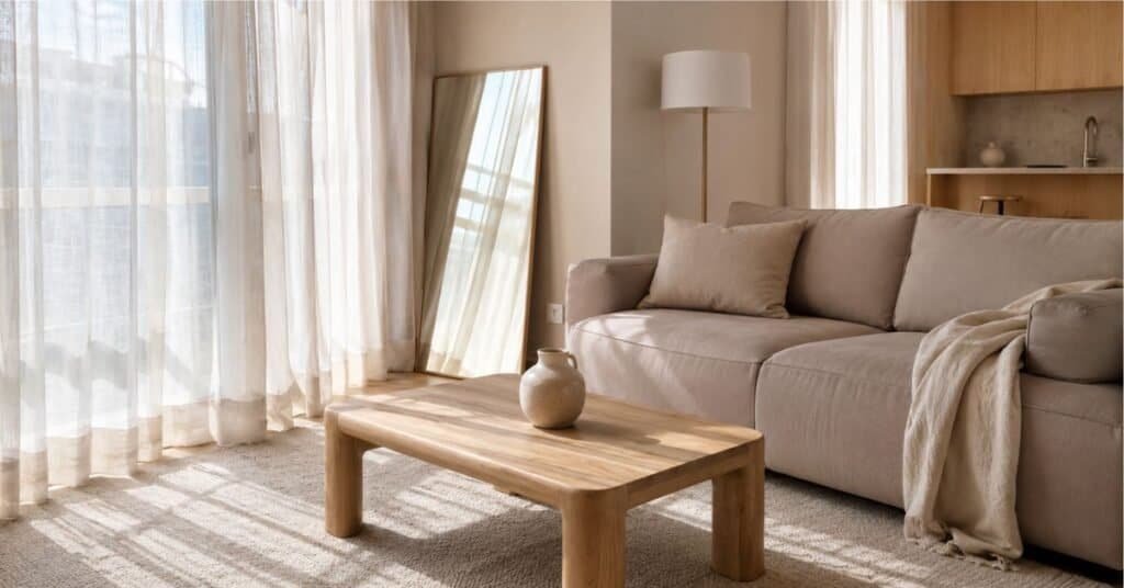 Small apartment living room with light colors, sheer curtains, mirror placement, and natural light to make the room feel bigger.