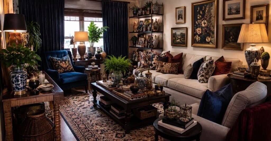 Small apartment living room with overcrowded decor and heavy summer styling mistakes.
