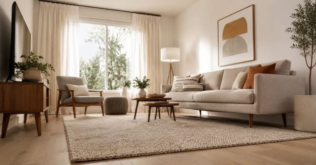 Small apartment living room with raised furniture legs, slim pieces, nesting tables, and open floor space.