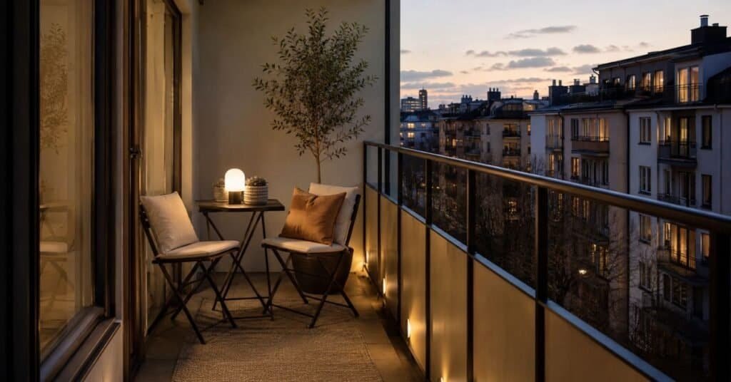 Small balcony lighting ideas with a rechargeable table lamp, warm railing lights, and a compact bistro seating corner.