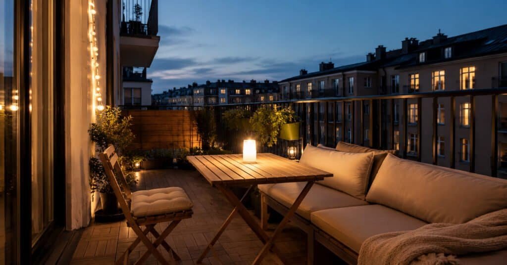 Small balcony lighting without hardwiring using warm string lights, a rechargeable table lamp, and solar lanterns at dusk.