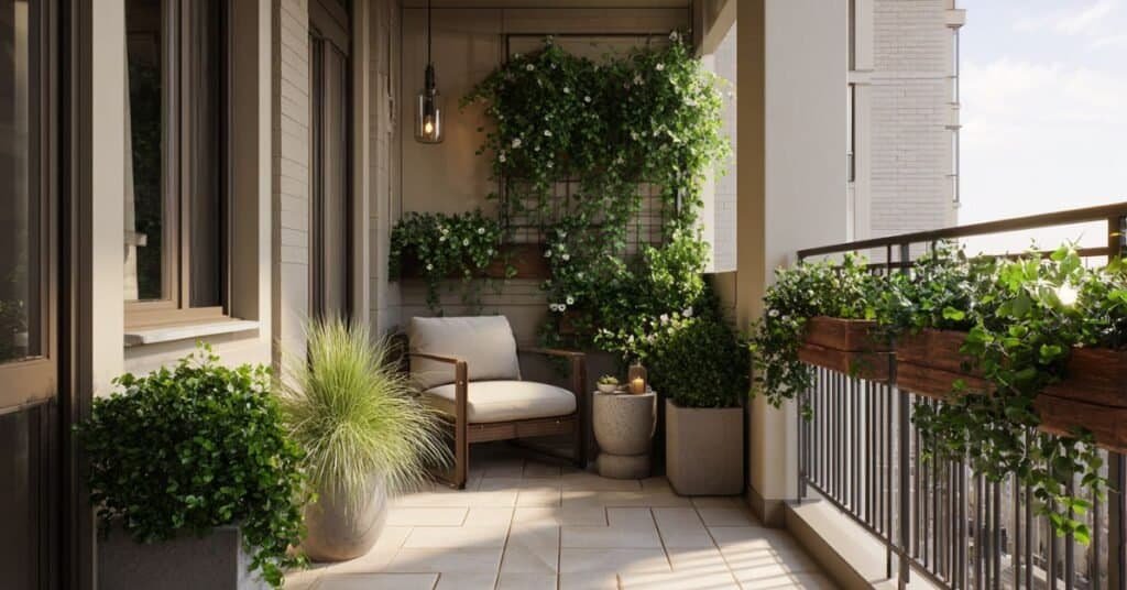 Small balcony with narrow tall planters and railing greenery for privacy.