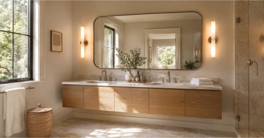 Small bathroom remodel with larger mirror, warm sconces, floating vanity, and soft neutral finishes