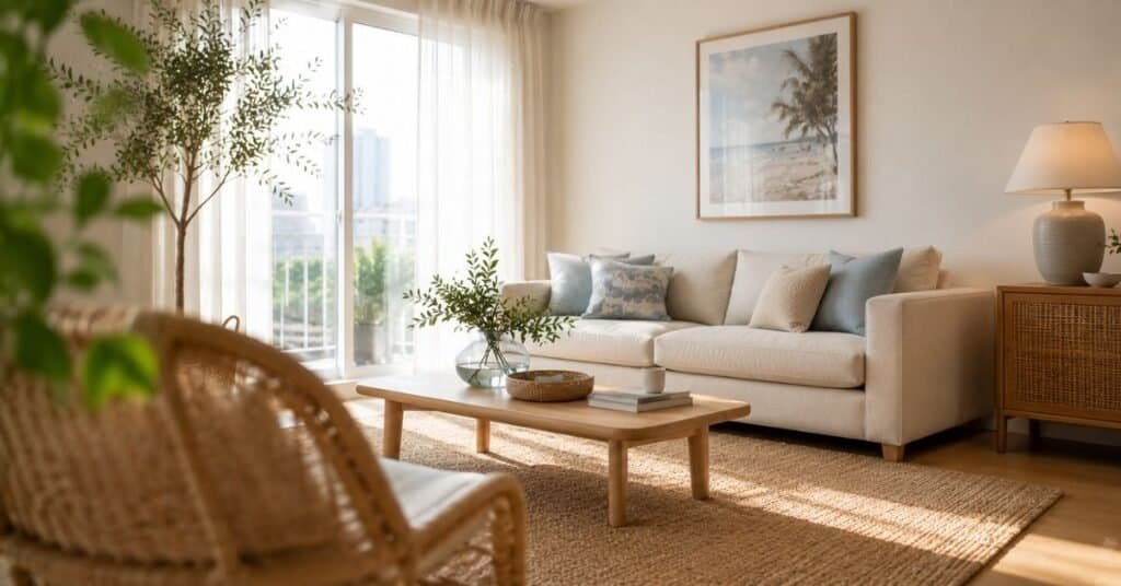 Small condo living room with soft coastal decor and airy summer greenery.
