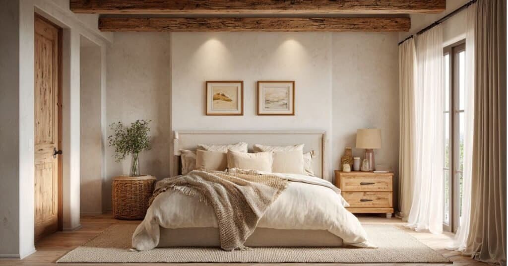 Small cozy neutral bedroom with warm white walls, layered beige bedding, rustic wood furniture, and soft natural light in a small apartment space.