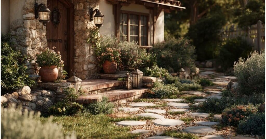 Small front yard showing seasonal container plants, stone edged beds, trimmed shrubs, and DIY garden accents.
