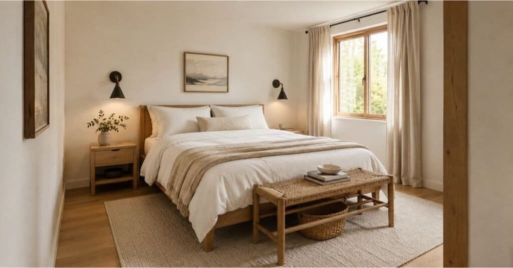 Small guest bedroom with clear walking space, slim bed frame, wall sconce, narrow bench, neutral bedding, and light wood furniture.