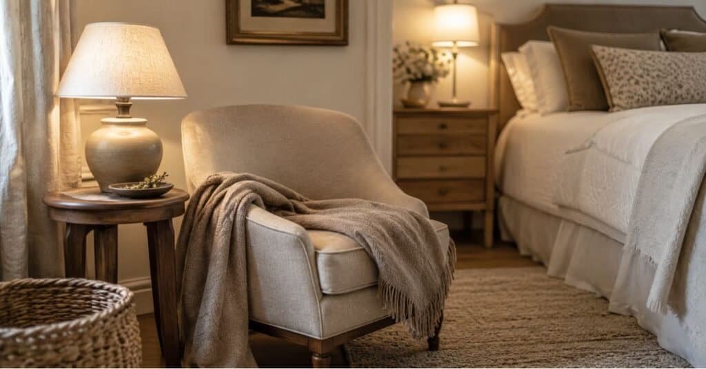 Small guest bedroom with compact chair, side table, warm reading lamp, soft throw blanket, and cream bedding in the background.