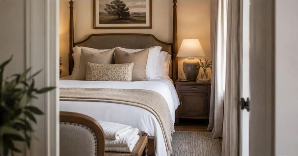 Small guest bedroom with crisp bedding, folded towels, warm bedside lamp, tray, water glass, and cozy hotel style touches.