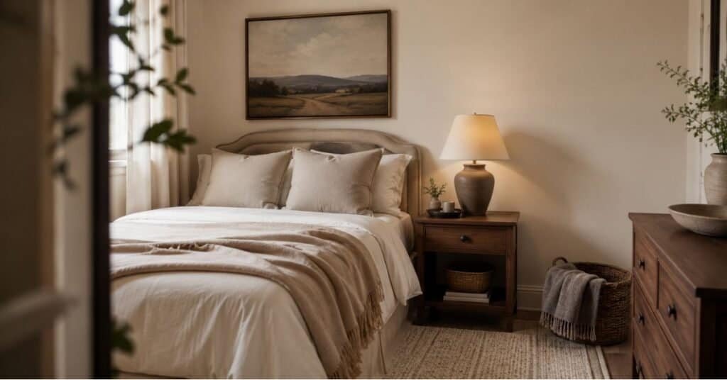 Small guest bedroom with neutral bedding, simple landscape art, warm bedside lamp, woven basket, and uncluttered surfaces.