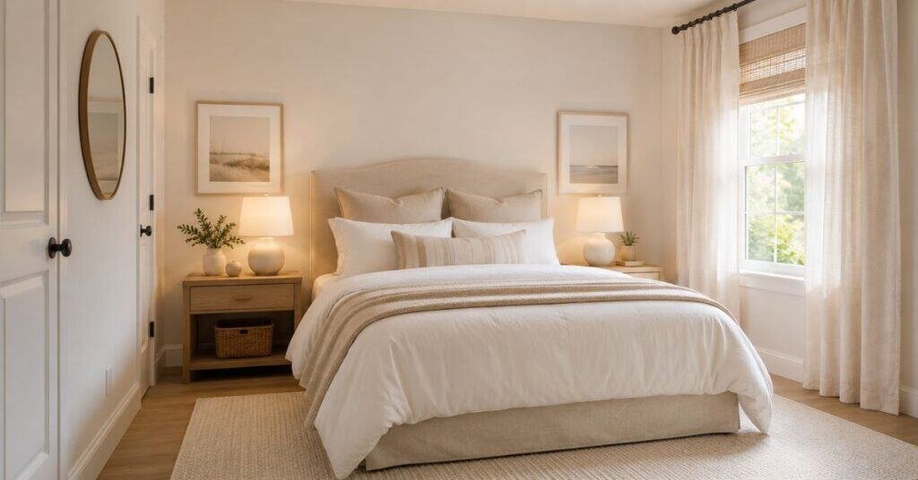 Small guest bedroom with warm white walls, beige bedding, soft taupe throw, light wood nightstand, and natural woven basket.