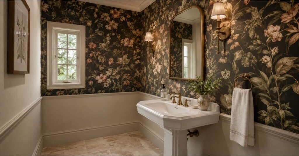 Small guest half bathroom with bold botanical wallpaper, brass mirror, pedestal sink, warm sconce, and clean styling.