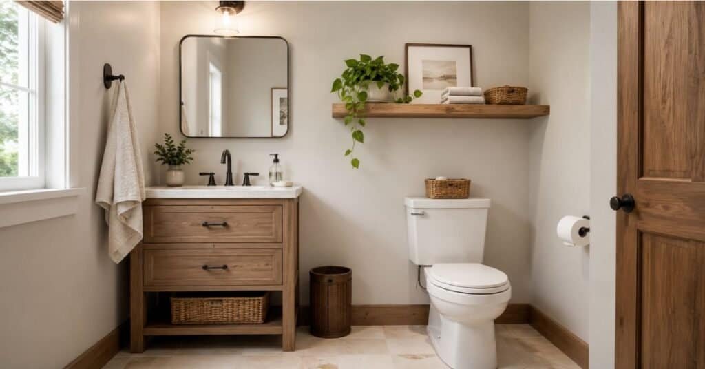 Small guest half bathroom with floating shelf, woven basket, folded hand towels, soap dispenser, and compact storage.