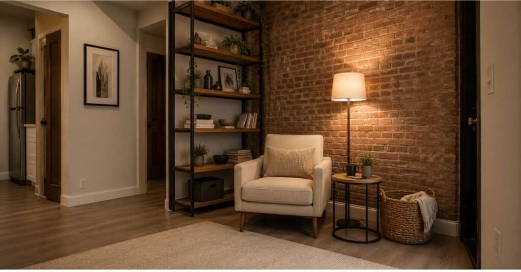 Small industrial modern living room corner with tall storage, open floor space, neutral decor, and a woven basket.