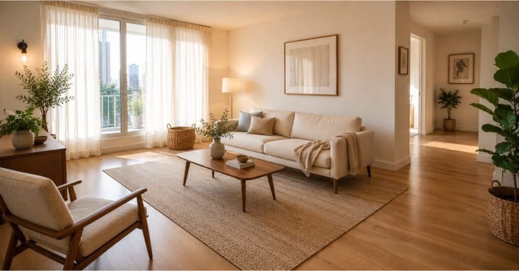 Small living room with airy furniture spacing and balanced summer decor.