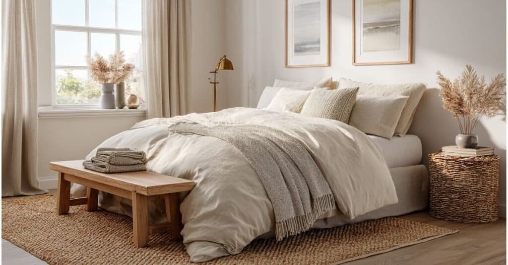 Small neutral bedroom with cream layered bedding, beige throw blanket, rustic wood bench, woven basket, and warm bedside lighting.